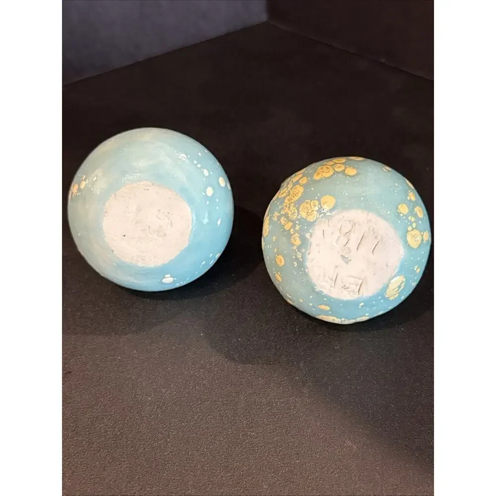 Pair Vintage Mini Blue Pottery Pitchers Cream Speckled Glaze Bud Vases 2.5”